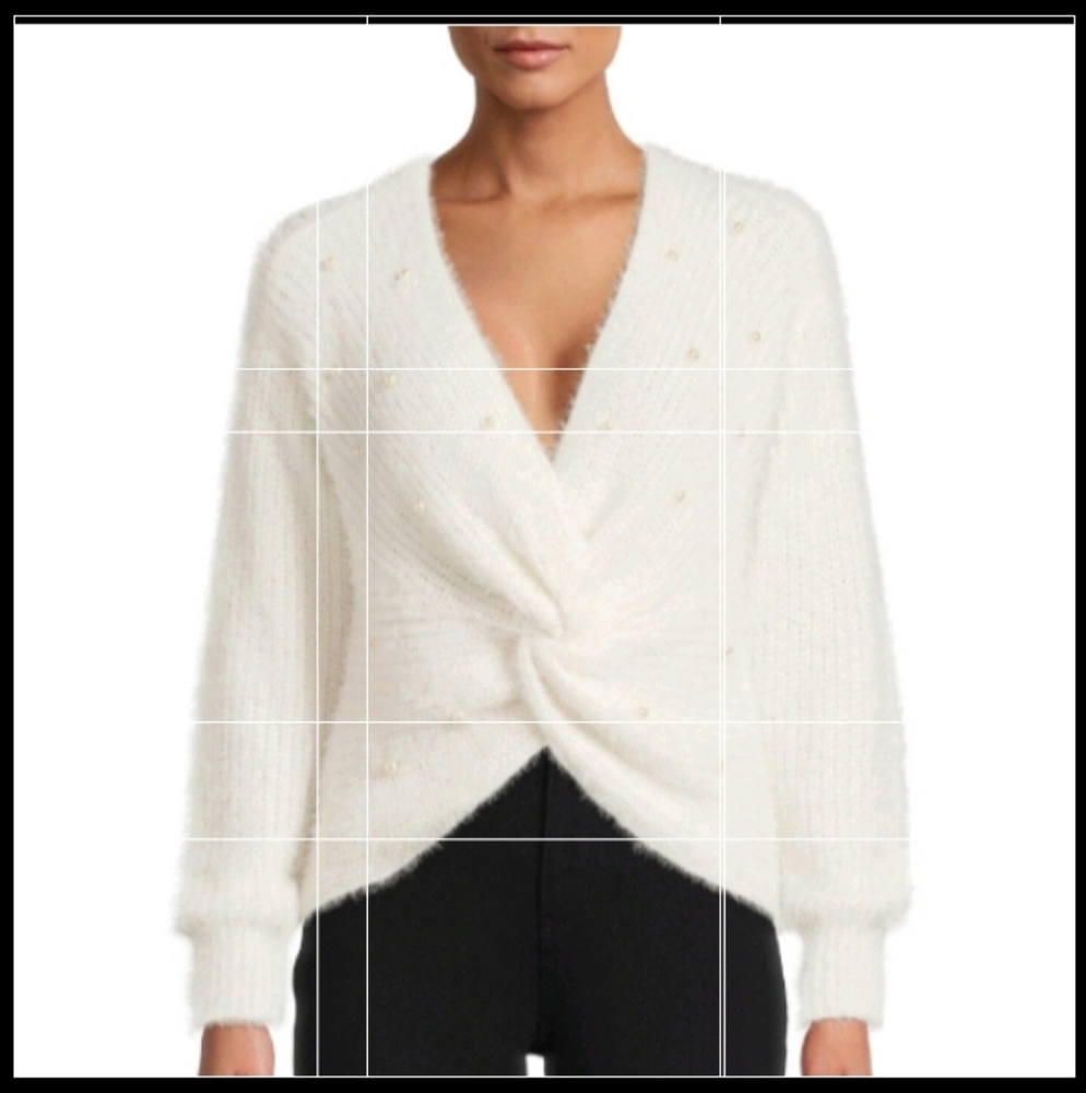 New Women's Ivory White Twist Front Sweater with Faux Pearl - Picture 1 of 7